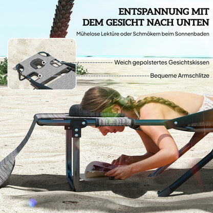 foldable sun lounger garden lounger with reading window, headrest, sunbed with 4-way adjustable backrest, weatherproof camping lounger up to 120 kg load capacity, for garden beach pool, Gray