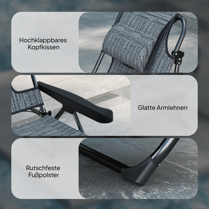 foldable sun lounger garden lounger with reading window, headrest, sunbed with 4-way adjustable backrest, weatherproof camping lounger up to 120 kg load capacity, for garden beach pool, Gray