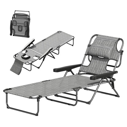 foldable sun lounger garden lounger with reading window, headrest, sunbed with 4-way adjustable backrest, weatherproof camping lounger up to 120 kg load capacity, for garden beach pool, Gray