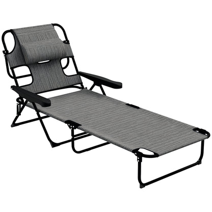 foldable sun lounger garden lounger with reading window, headrest, sunbed with 4-way adjustable backrest, weatherproof camping lounger up to 120 kg load capacity, for garden beach pool, Gray