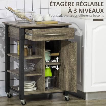 Kitchen Trolley Cart with Drawer and Wheels - 60 x 50 x 84.5 cm - Black and Oak Effect