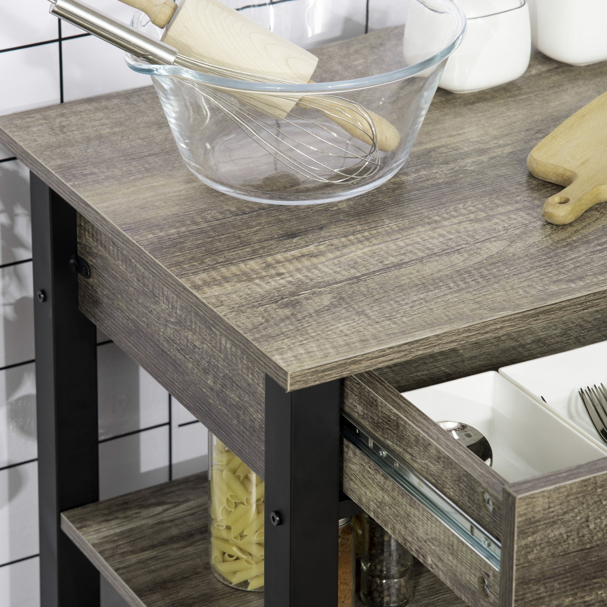Kitchen Trolley Cart with Drawer and Wheels - 60 x 50 x 84.5 cm - Black and Oak Effect