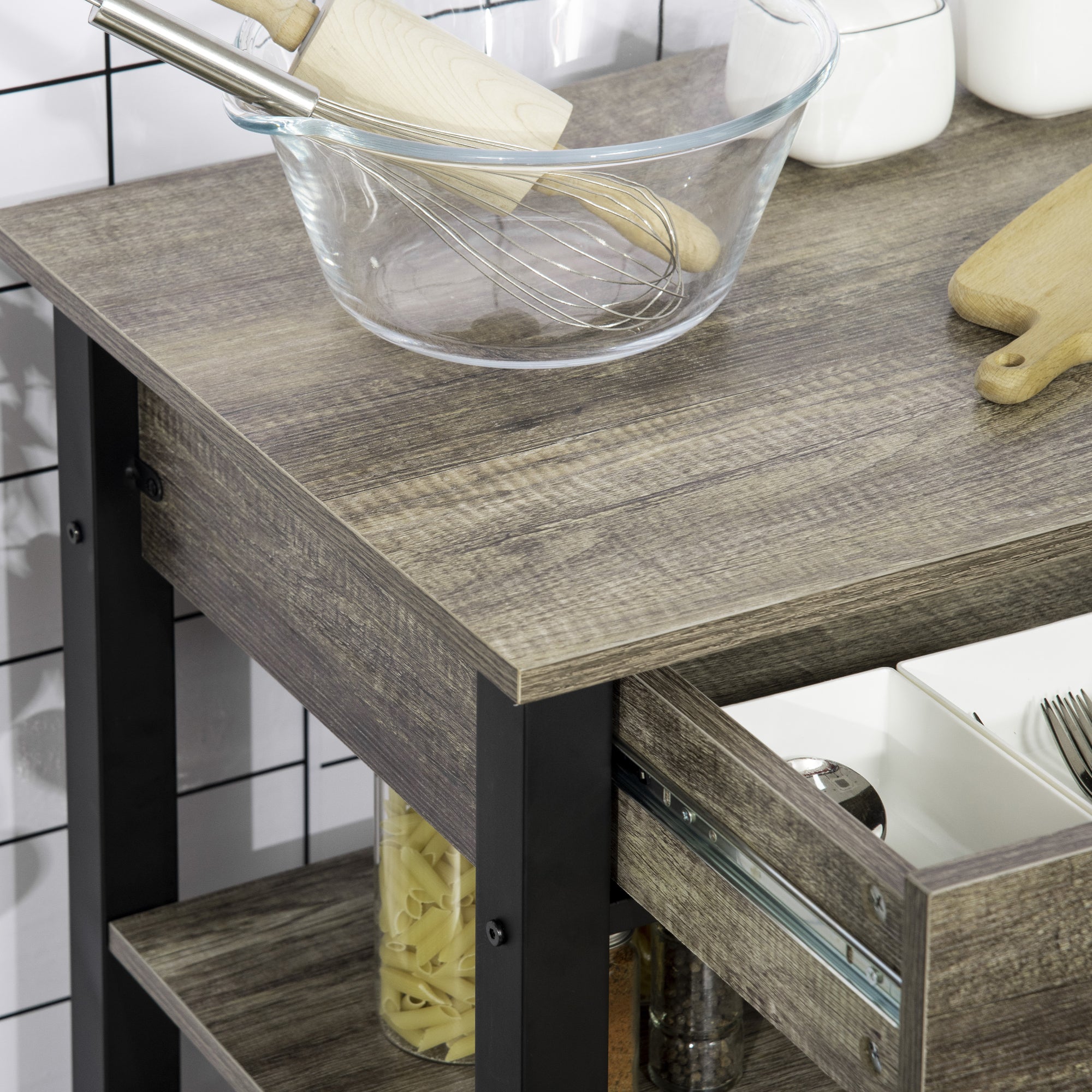 Kitchen Trolley Cart with Drawer and Wheels - 60 x 50 x 84.5 cm - Black and Oak Effect