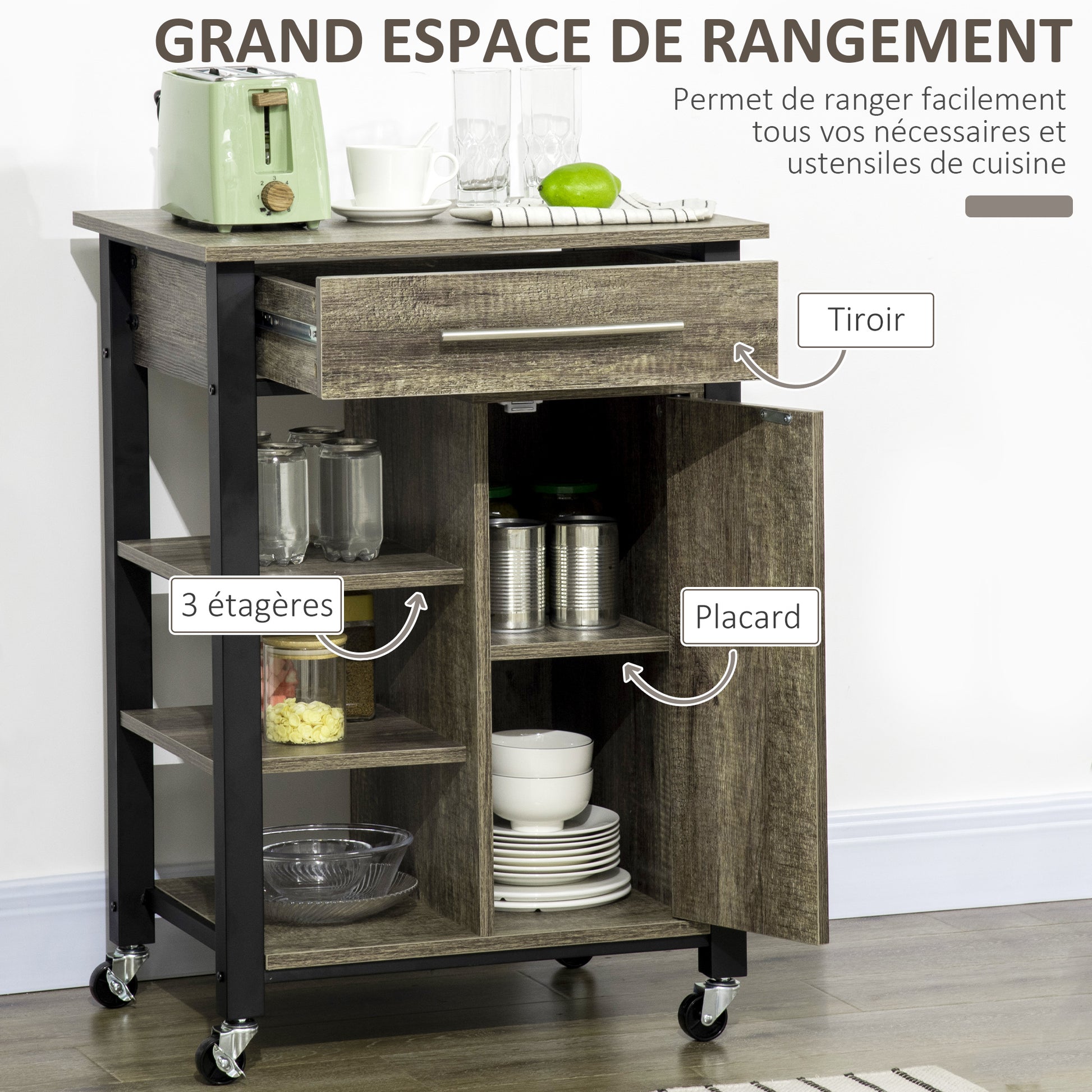 Kitchen Trolley Cart with Drawer and Wheels - 60 x 50 x 84.5 cm - Black and Oak Effect