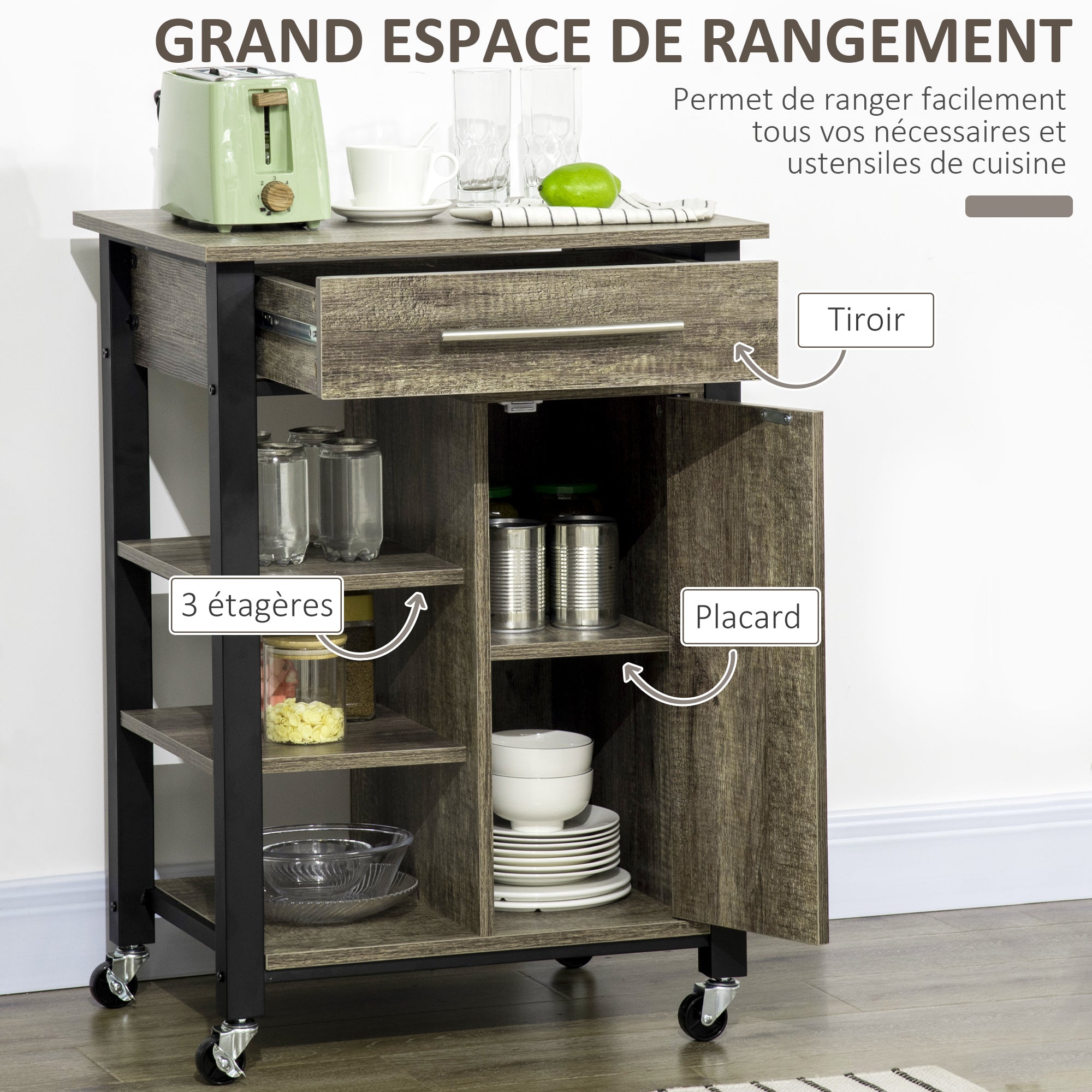 Kitchen Trolley Cart with Drawer and Wheels - 60 x 50 x 84.5 cm - Black and Oak Effect