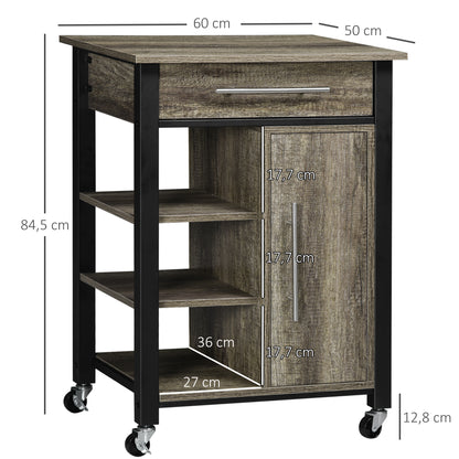 Kitchen Trolley Cart with Drawer and Wheels - 60 x 50 x 84.5 cm - Black and Oak Effect