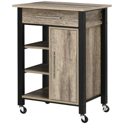 Kitchen Trolley Cart with Drawer and Wheels - 60 x 50 x 84.5 cm - Black and Oak Effect