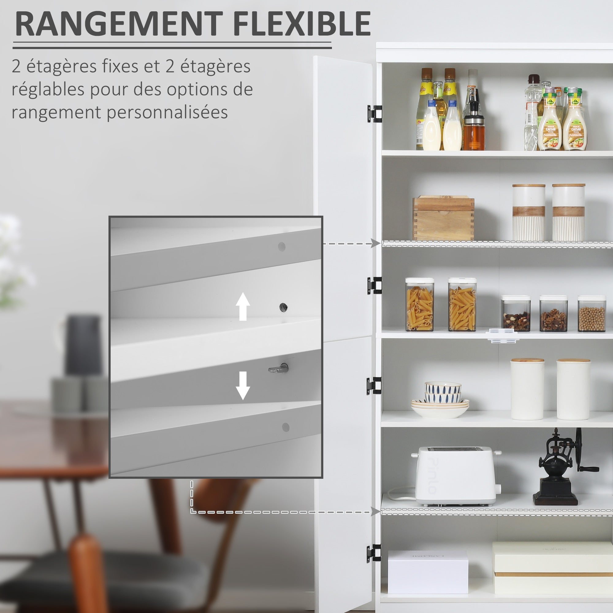 Kitchen Pantry Cabinet Dining Room Buffet with 4 Doors 6 Storage Shelves Modern Style 76 x 40 x 177 cm White