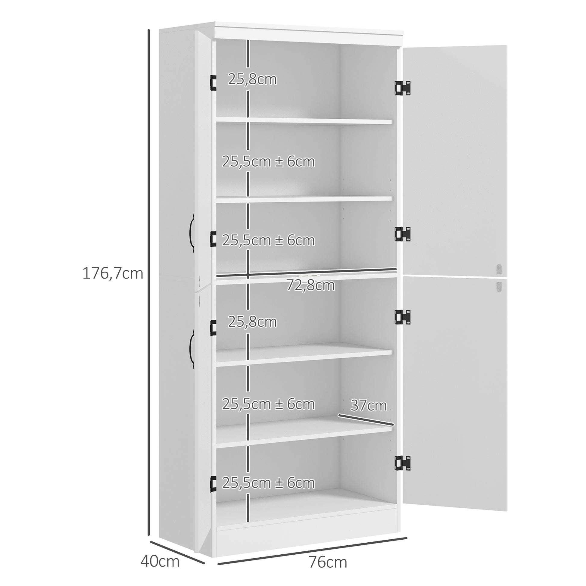 Kitchen Pantry Cabinet Dining Room Buffet with 4 Doors 6 Storage Shelves Modern Style 76 x 40 x 177 cm White