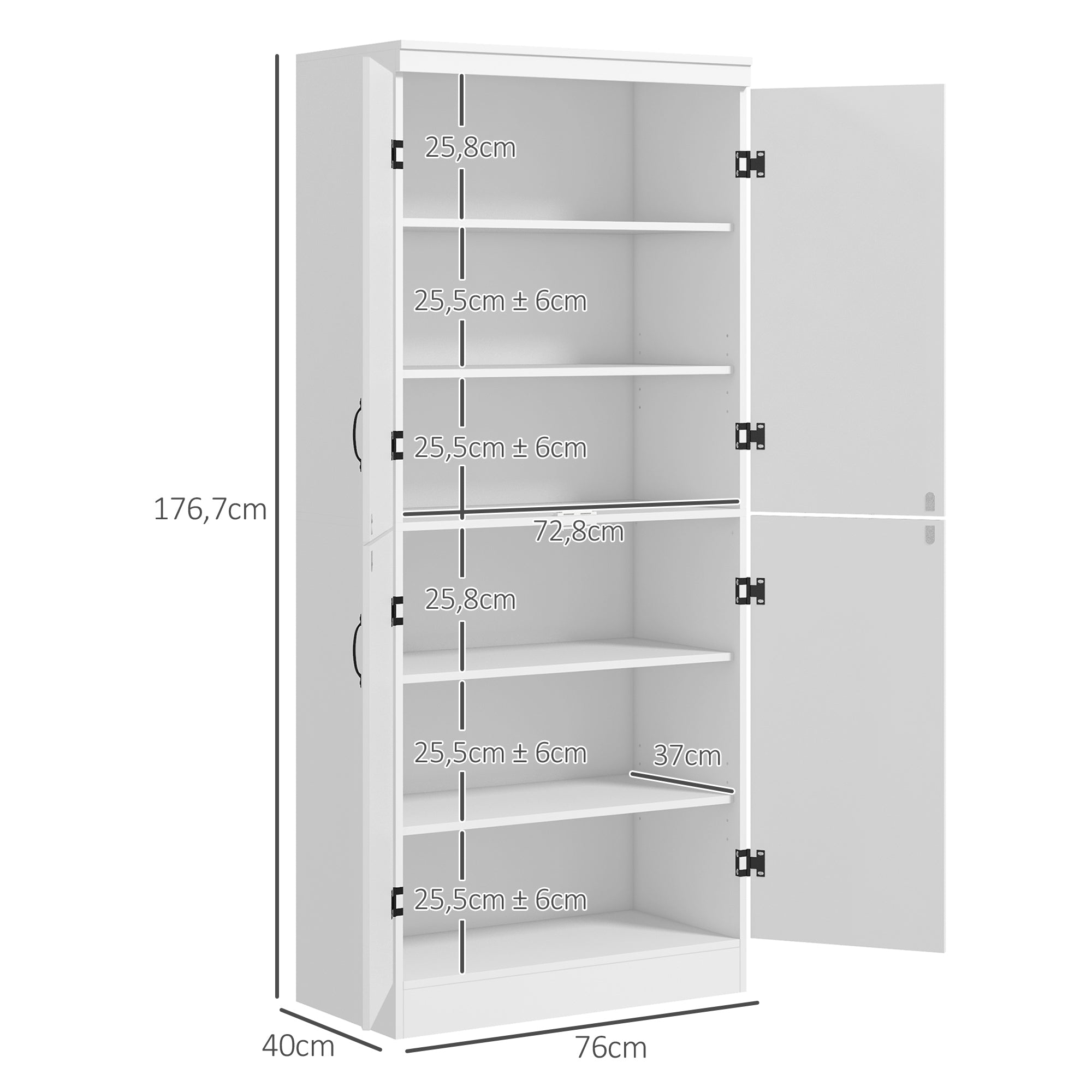Kitchen Pantry Cabinet Dining Room Buffet with 4 Doors 6 Storage Shelves Modern Style 76 x 40 x 177 cm White