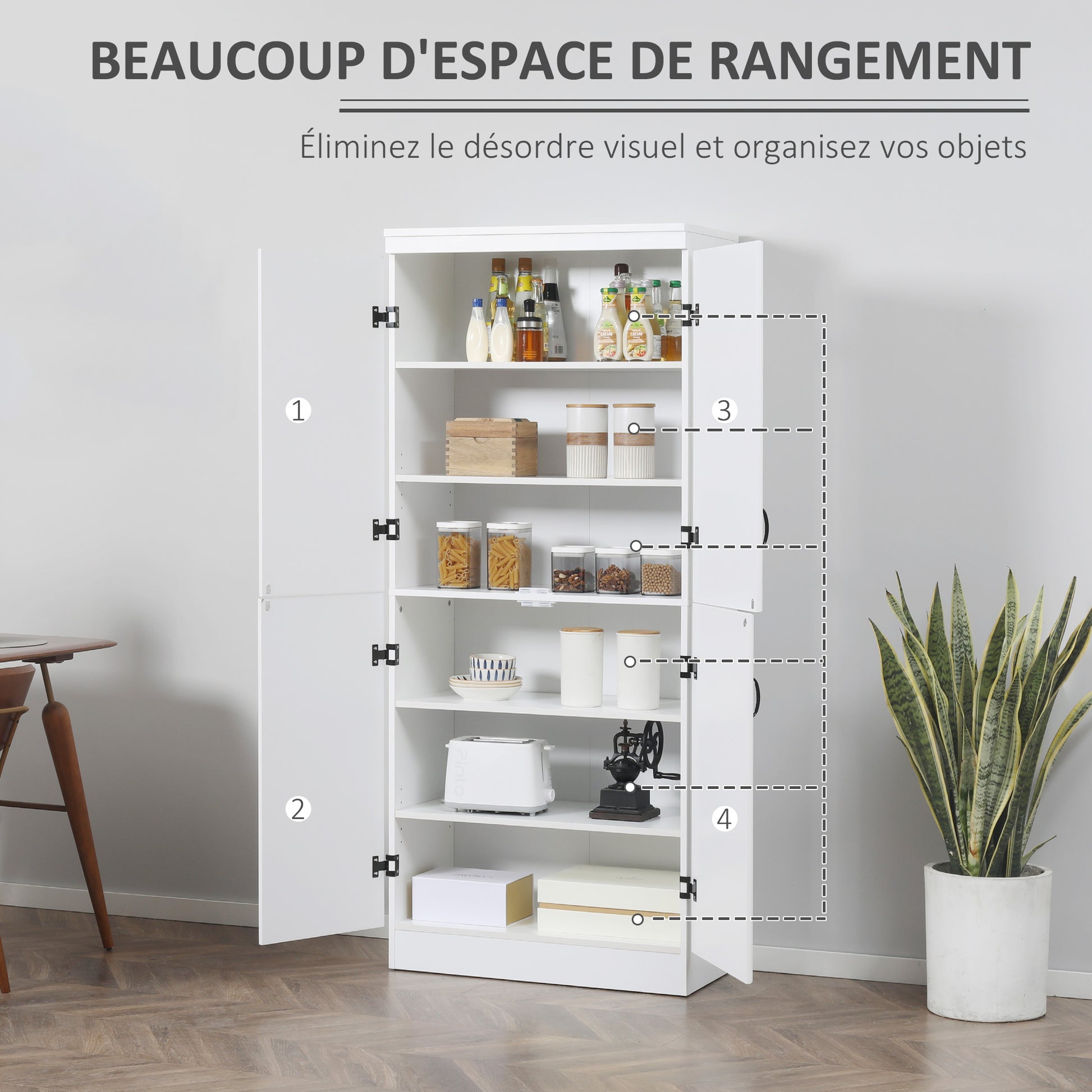 Kitchen Pantry Cabinet Dining Room Buffet with 4 Doors 6 Storage Shelves Modern Style 76 x 40 x 177 cm White