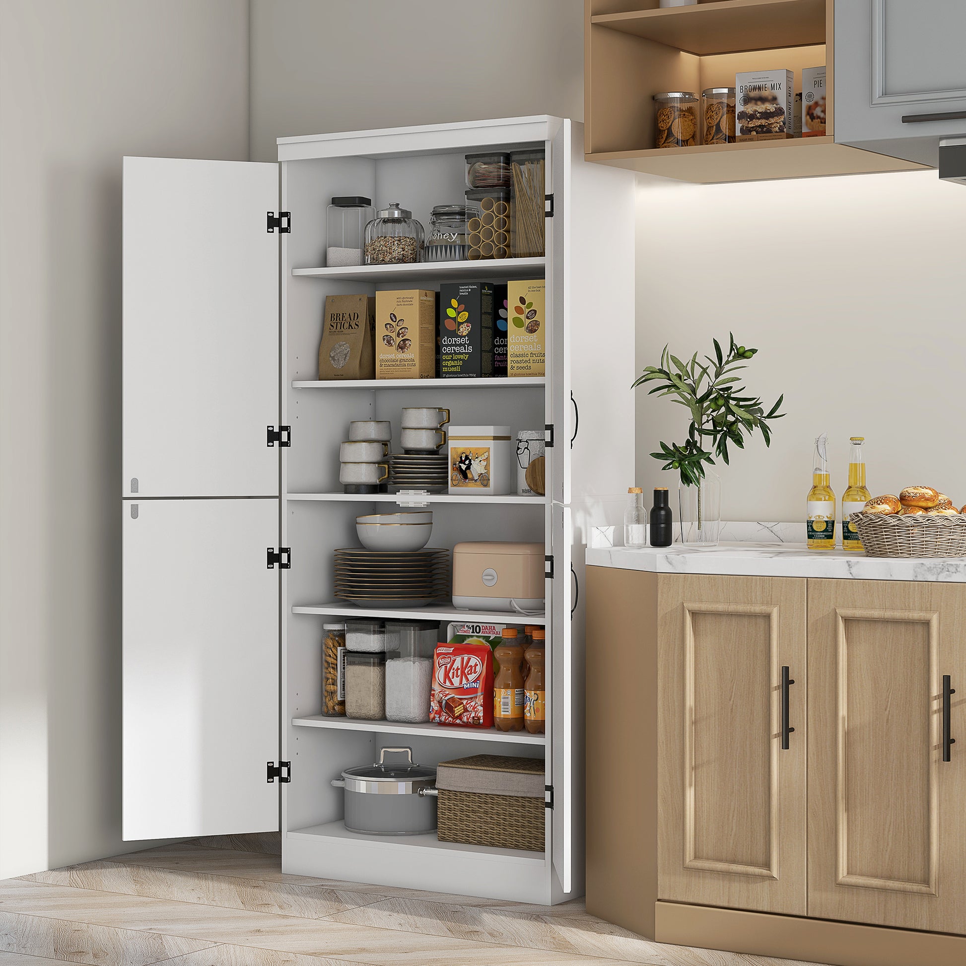 Kitchen Pantry Cabinet Dining Room Buffet with 4 Doors 6 Storage Shelves Modern Style 76 x 40 x 177 cm White
