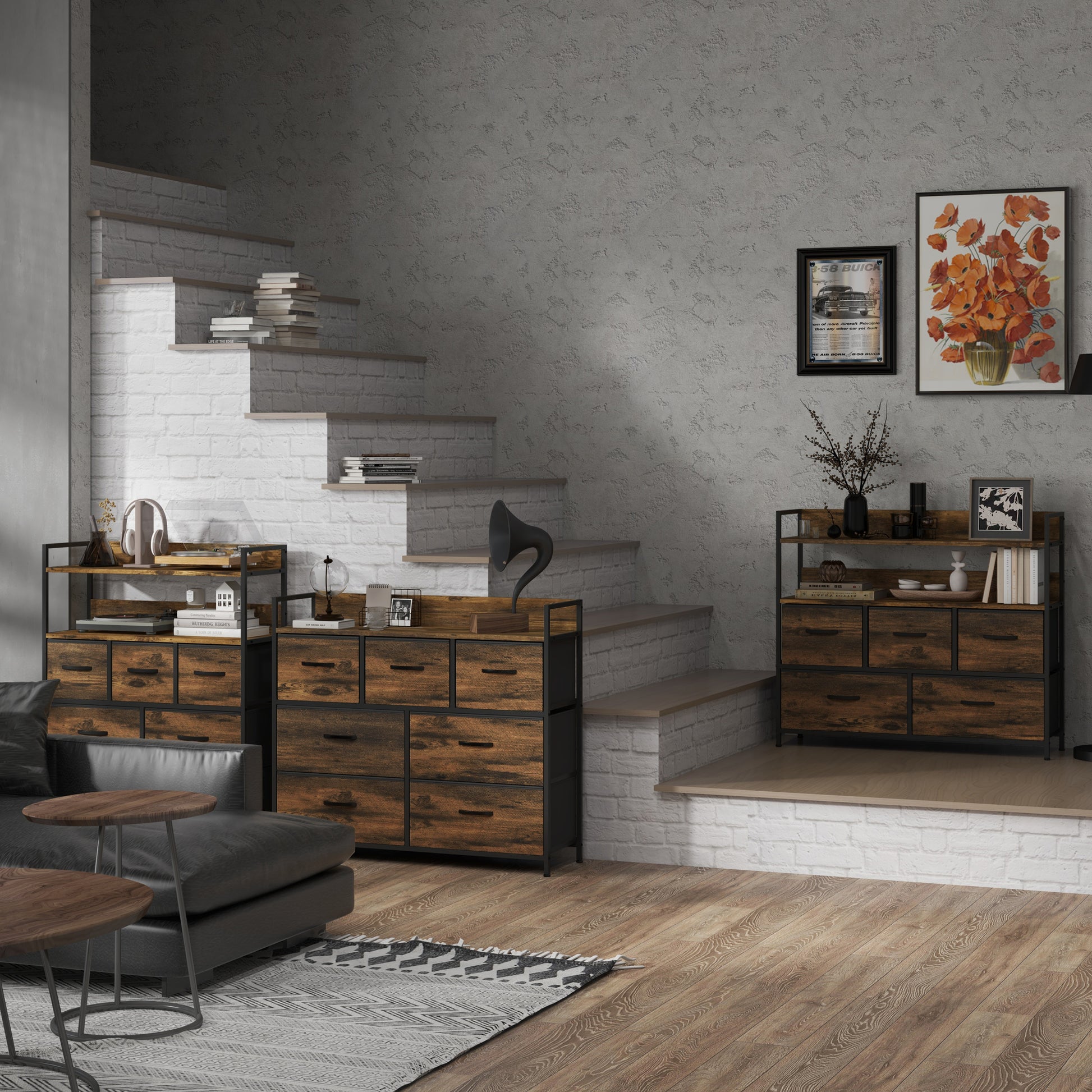 Fabric Storage Cabinet with 7 Drawers, Shelf, Metal Frame Chest of Drawers for Bedroom, Living Room Rustic Brown