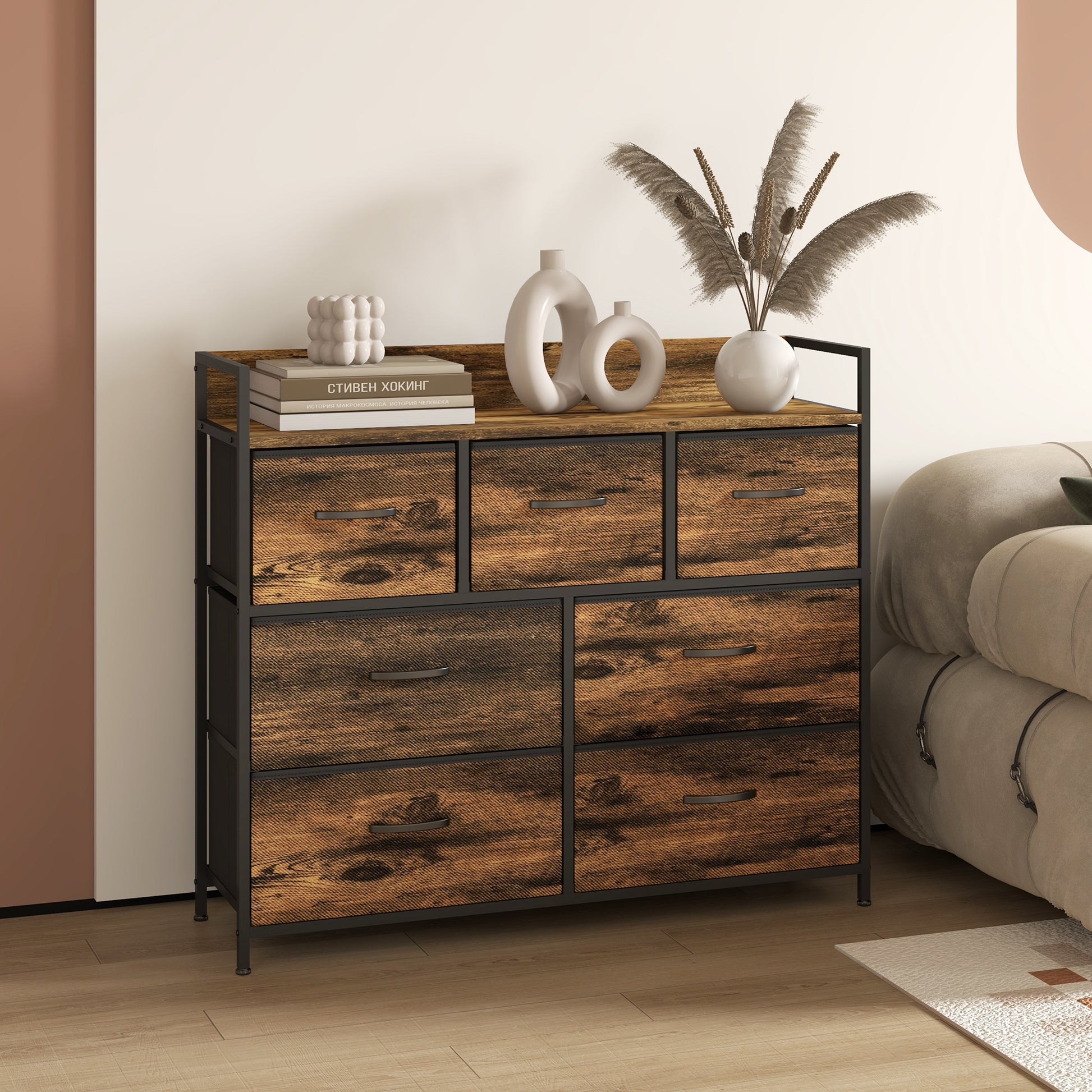 Fabric Storage Cabinet with 7 Drawers, Shelf, Metal Frame Chest of Drawers for Bedroom, Living Room Rustic Brown