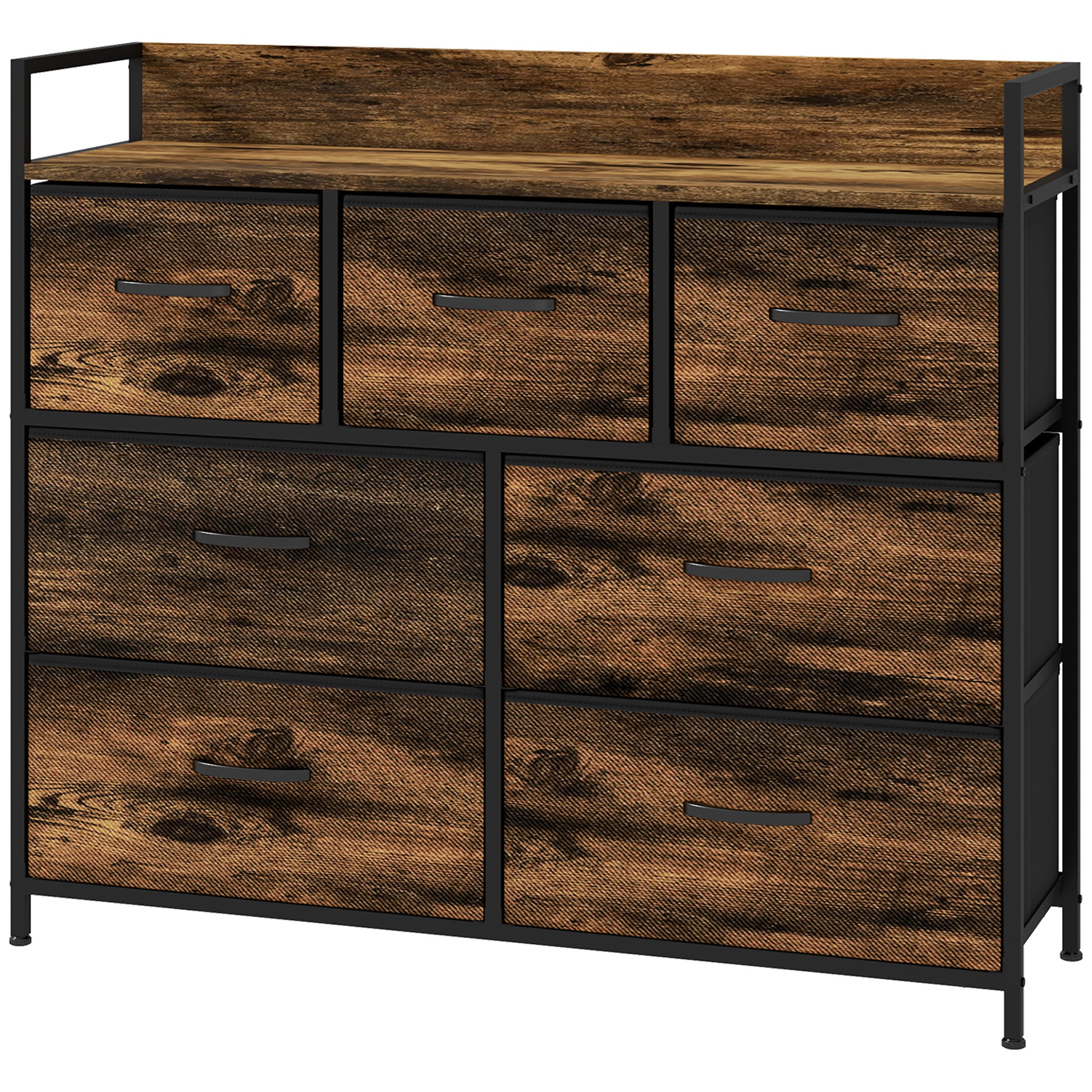 Fabric Storage Cabinet with 7 Drawers, Shelf, Metal Frame Chest of Drawers for Bedroom, Living Room Rustic Brown