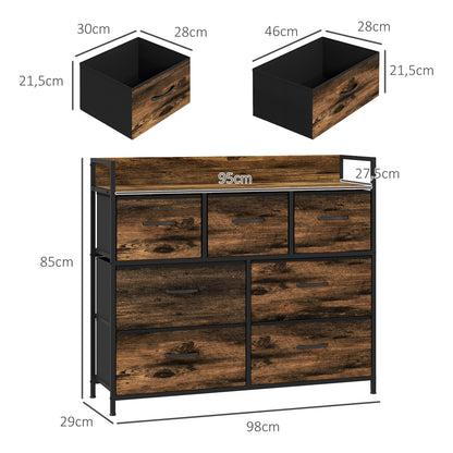 Fabric Storage Cabinet with 7 Drawers, Shelf, Metal Frame Chest of Drawers for Bedroom, Living Room Rustic Brown