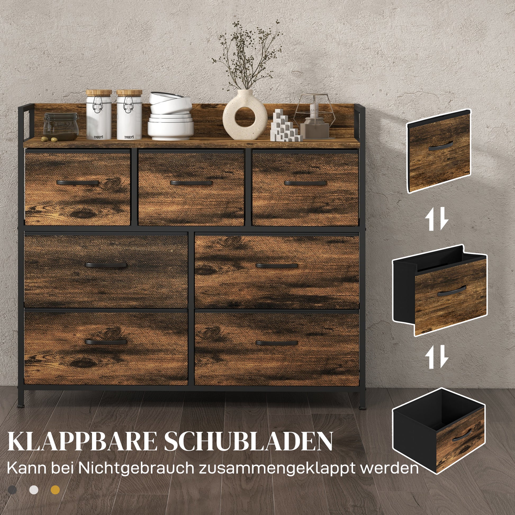 Fabric Storage Cabinet with 7 Drawers, Shelf, Metal Frame Chest of Drawers for Bedroom, Living Room Rustic Brown
