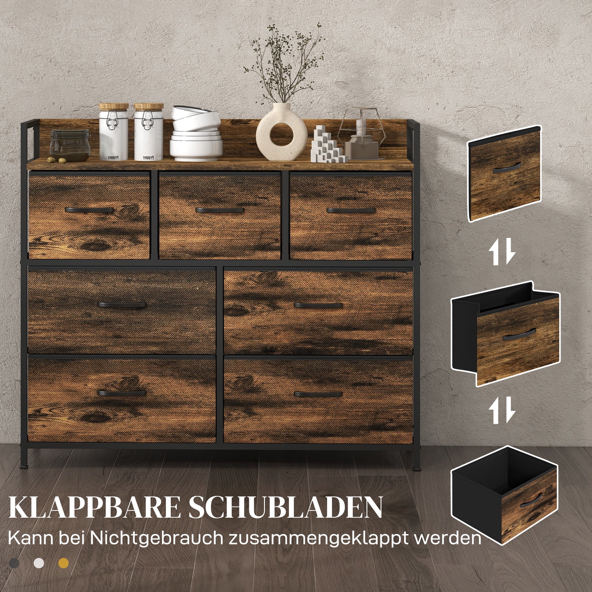 Fabric Storage Cabinet with 7 Drawers, Shelf, Metal Frame Chest of Drawers for Bedroom, Living Room Rustic Brown