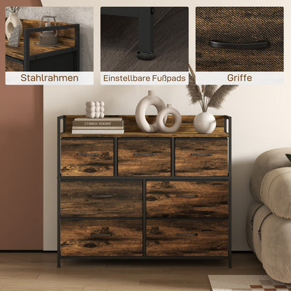 Fabric Storage Cabinet with 7 Drawers, Shelf, Metal Frame Chest of Drawers for Bedroom, Living Room Rustic Brown