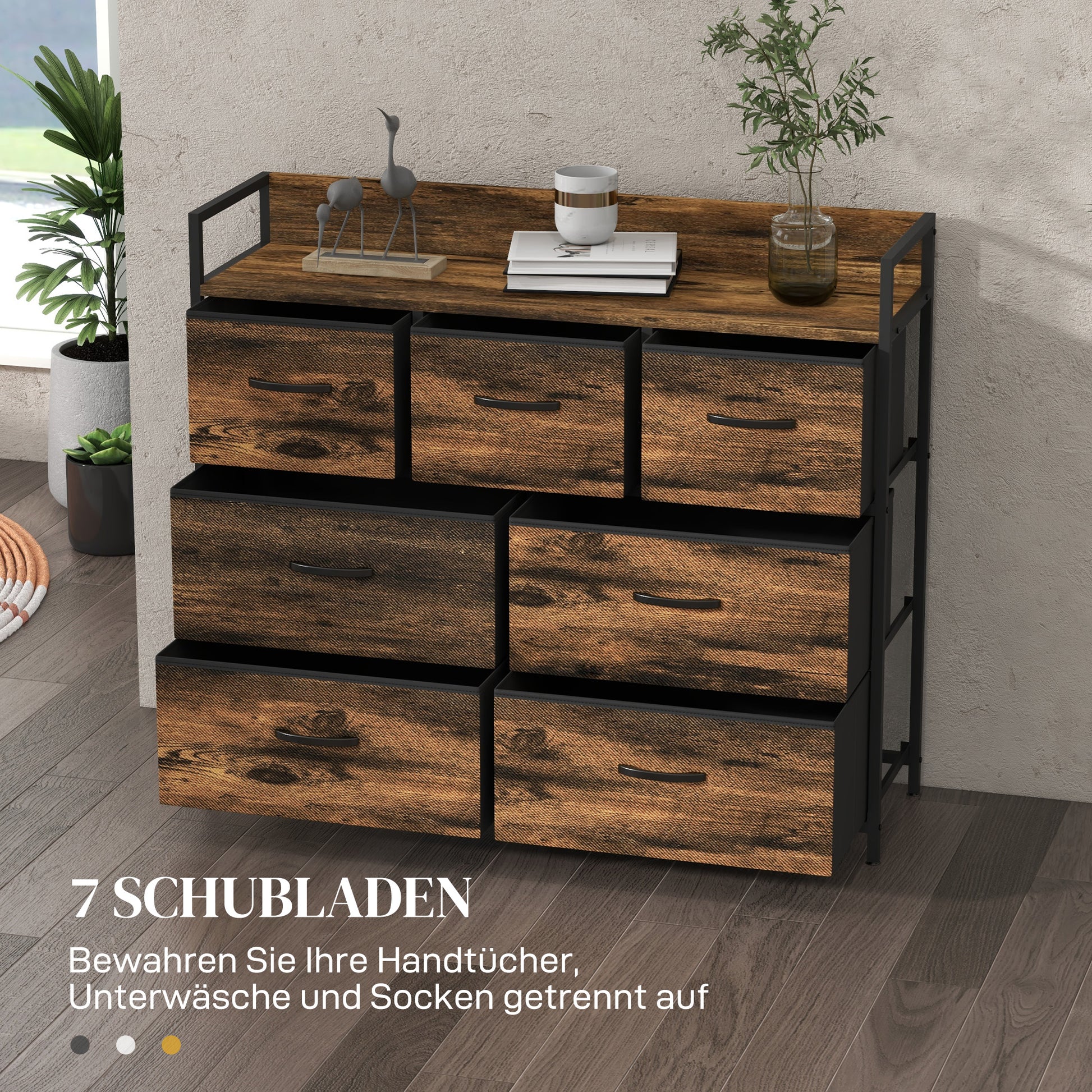 Fabric Storage Cabinet with 7 Drawers, Shelf, Metal Frame Chest of Drawers for Bedroom, Living Room Rustic Brown