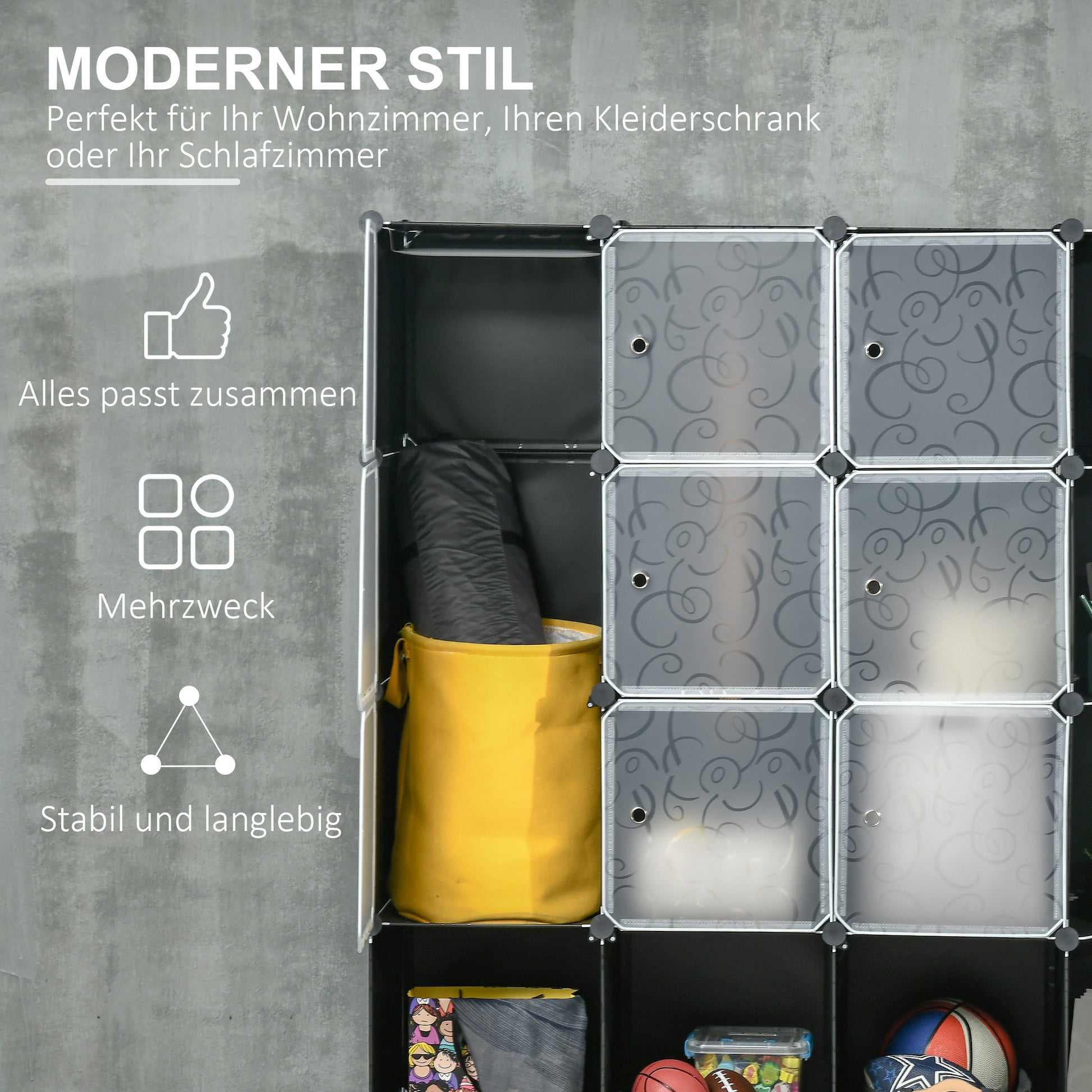 DIY Wardrobe Shelving System with 16 Compartments and 2 Rods DIY Cube Organizer, Storage Shelf for Clothes, Shoes, Black 145 x 46 x 162 cm