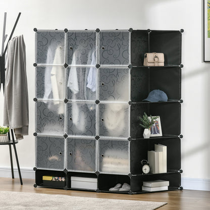 DIY Wardrobe Shelving System with 16 Compartments and 2 Rods DIY Cube Organizer, Storage Shelf for Clothes, Shoes, Black 145 x 46 x 162 cm