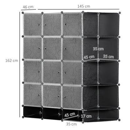 DIY Wardrobe Shelving System with 16 Compartments and 2 Rods DIY Cube Organizer, Storage Shelf for Clothes, Shoes, Black 145 x 46 x 162 cm