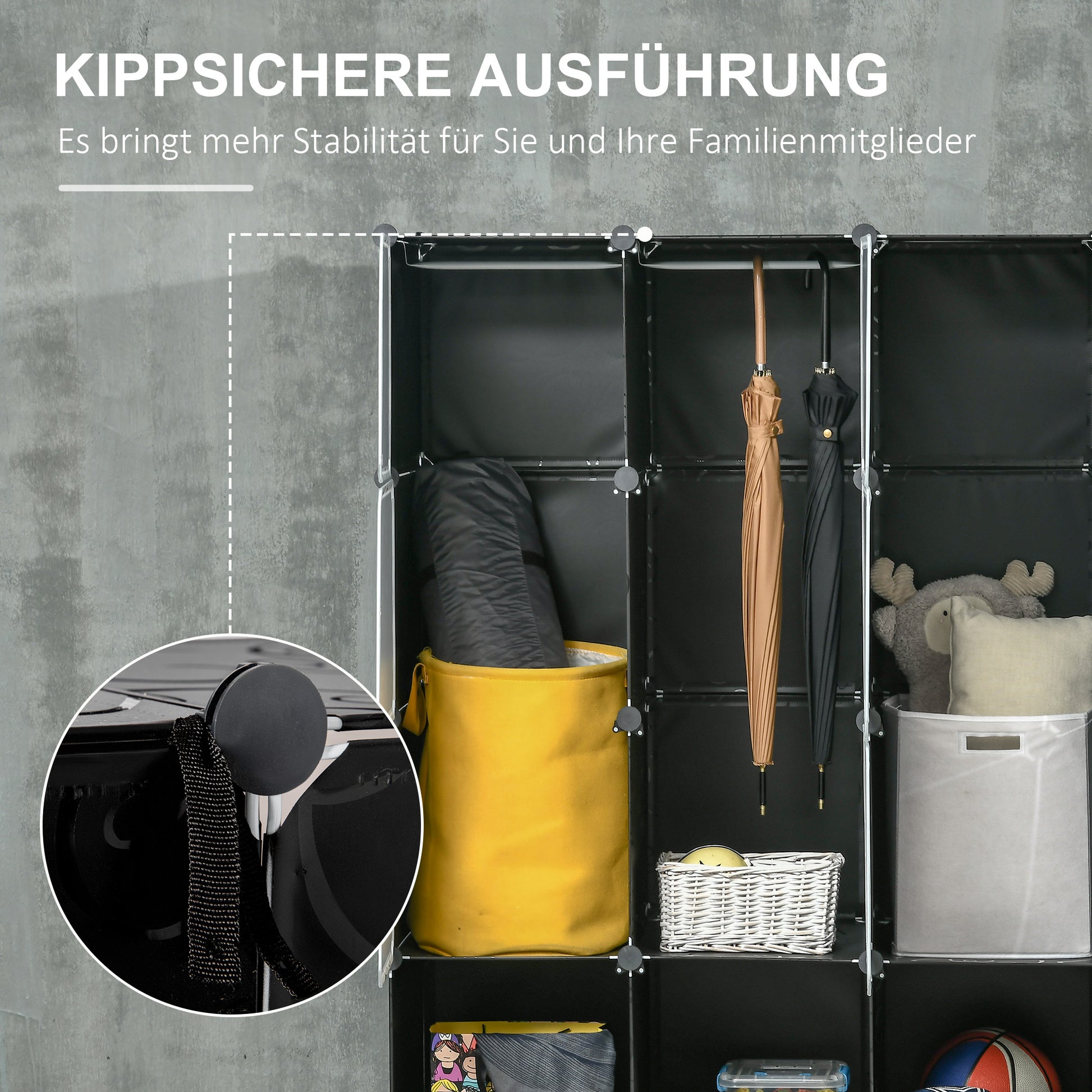 DIY Wardrobe Shelving System with 16 Compartments and 2 Rods DIY Cube Organizer, Storage Shelf for Clothes, Shoes, Black 145 x 46 x 162 cm