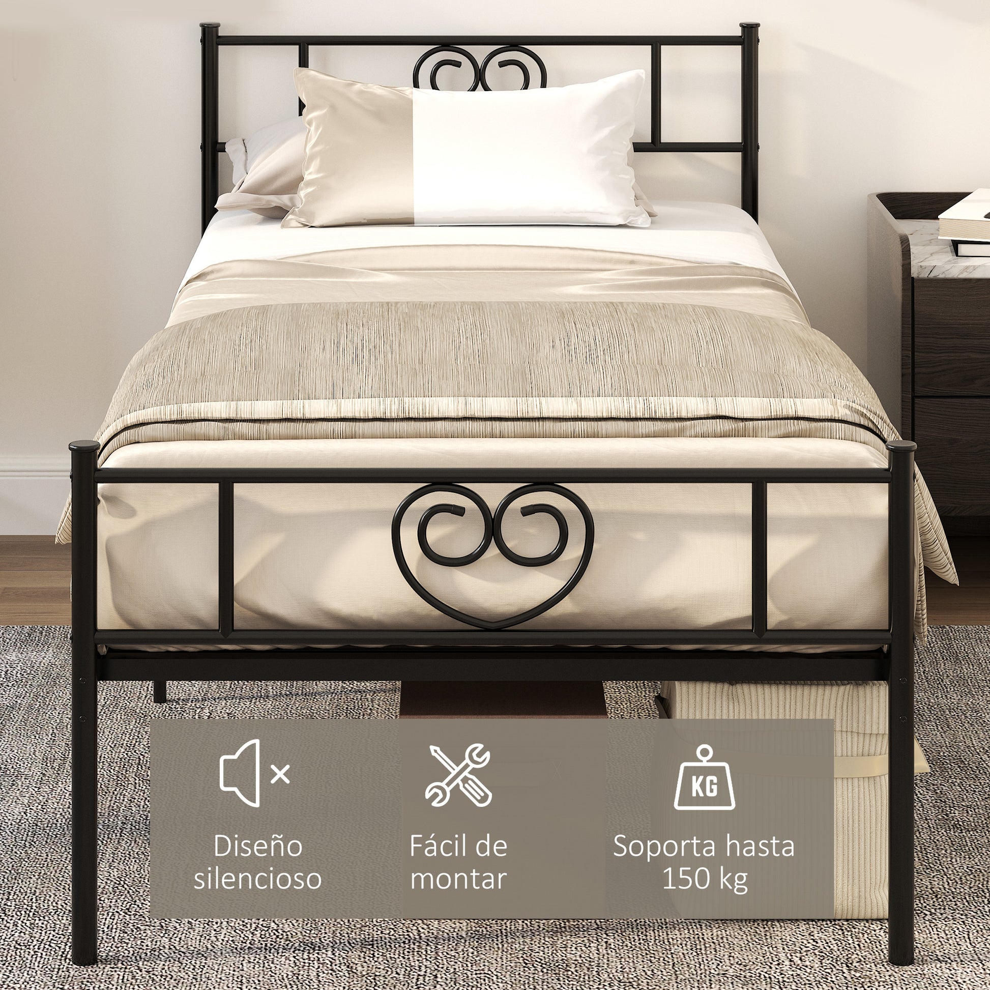 Single Metal Bed Frame 31 cm for 90x190 cm Mattress with Heart Shaped Headboard Bed Frame with Storage Space 95x196x100 cm Black