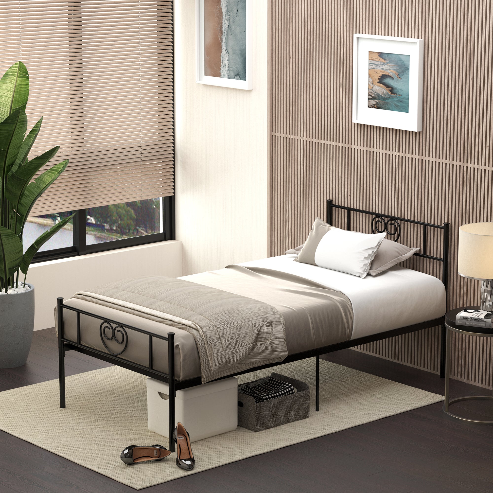Single Metal Bed Frame 31 cm for 90x190 cm Mattress with Heart Shaped Headboard Bed Frame with Storage Space 95x196x100 cm Black