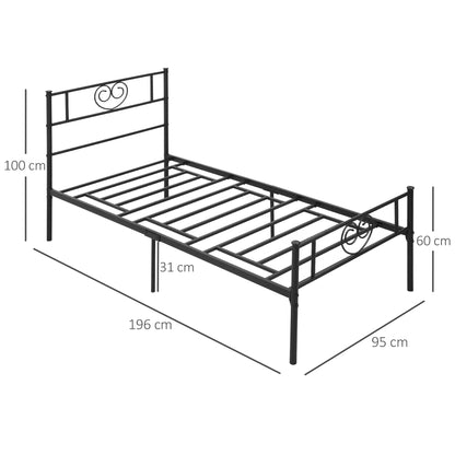 Single Metal Bed Frame 31 cm for 90x190 cm Mattress with Heart Shaped Headboard Bed Frame with Storage Space 95x196x100 cm Black
