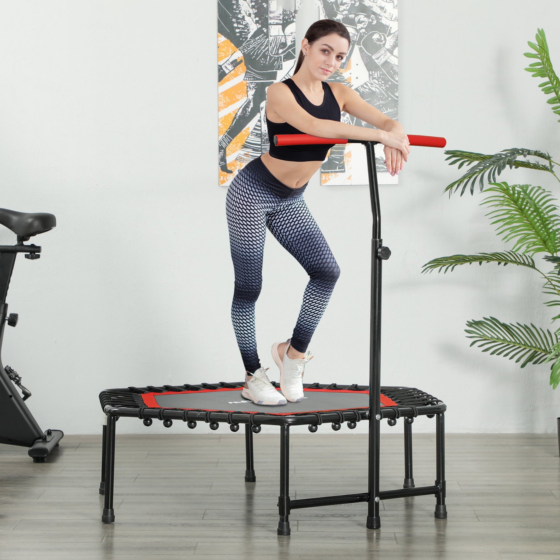 SPORTNOW Fitness Trampoline 114x114x132 cm Elastic Bed Fitness with Adjustable 3 Level Handlebar Steel Frame for Leg Body Workout at Home Office Gym Red