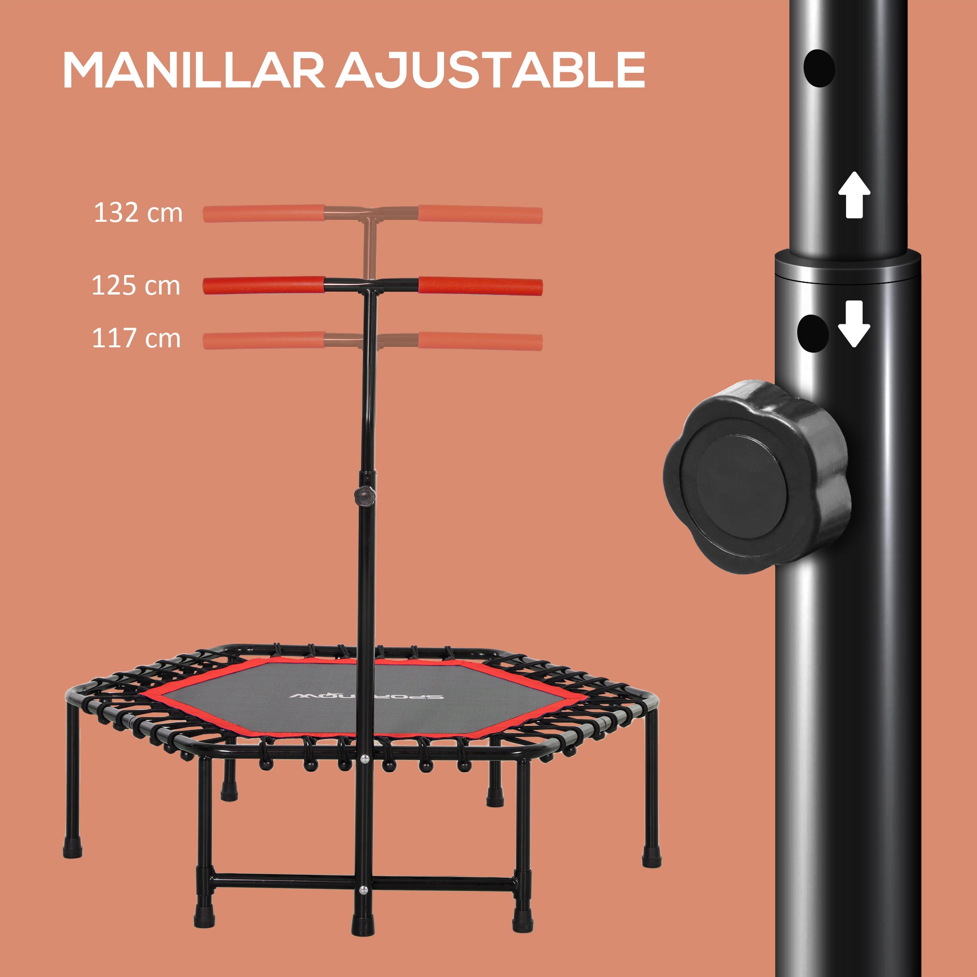 SPORTNOW Fitness Trampoline 114x114x132 cm Elastic Bed Fitness with Adjustable 3 Level Handlebar Steel Frame for Leg Body Workout at Home Office Gym Red