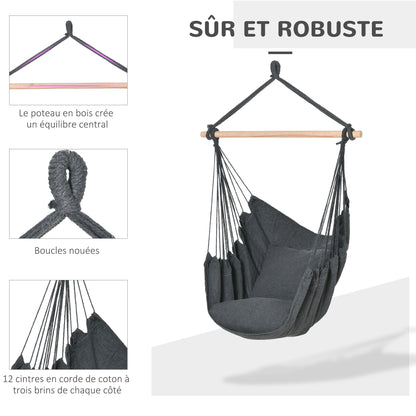 Outdoor Hanging Chair Hammock Swing Chair with 2 Cushions, Indoor and Outdoor, Blended Cotton Fabric, for Courtyard Patio Lawn, Dark Gray