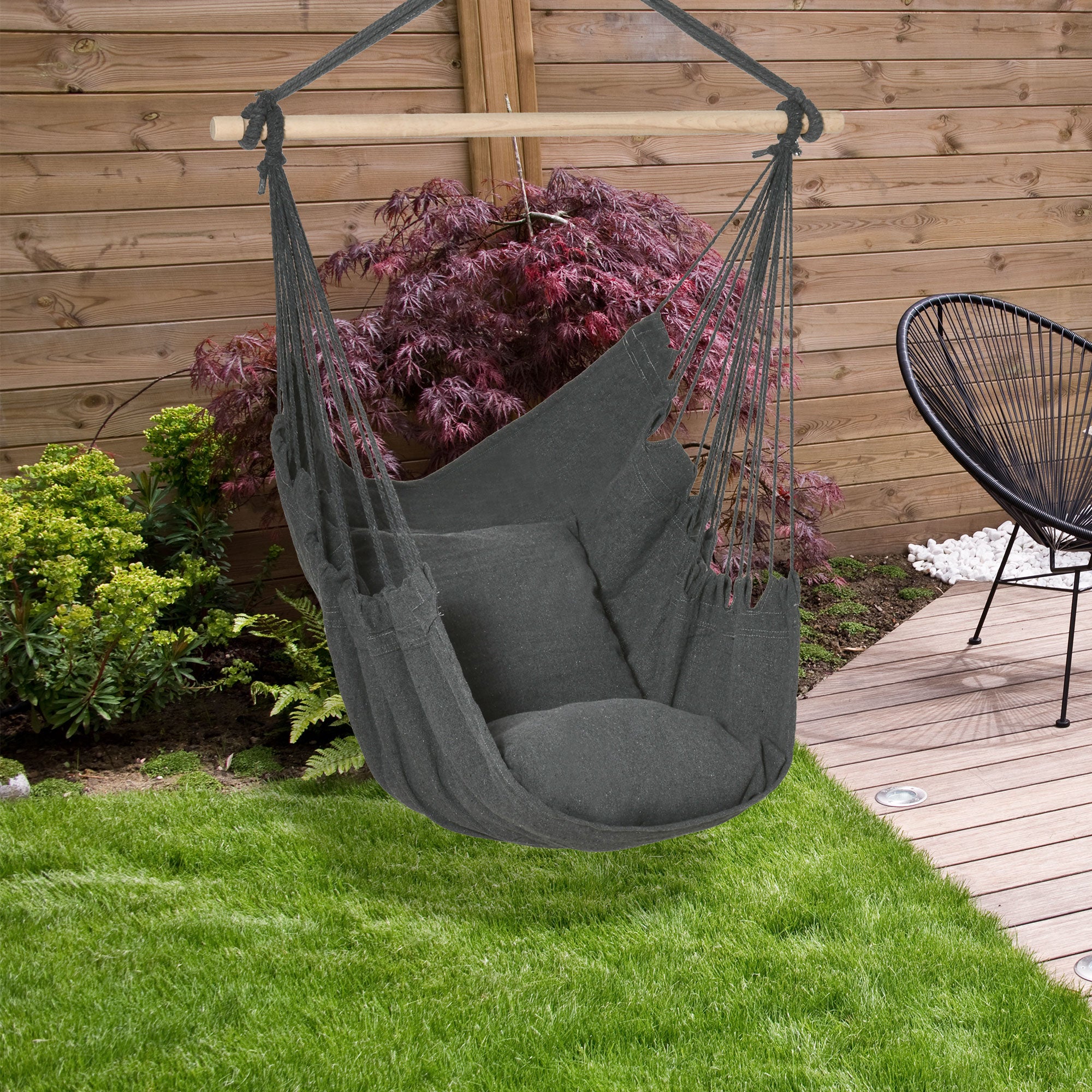 Outdoor Hanging Chair Hammock Swing Chair with 2 Cushions, Indoor and Outdoor, Blended Cotton Fabric, for Courtyard Patio Lawn, Dark Gray