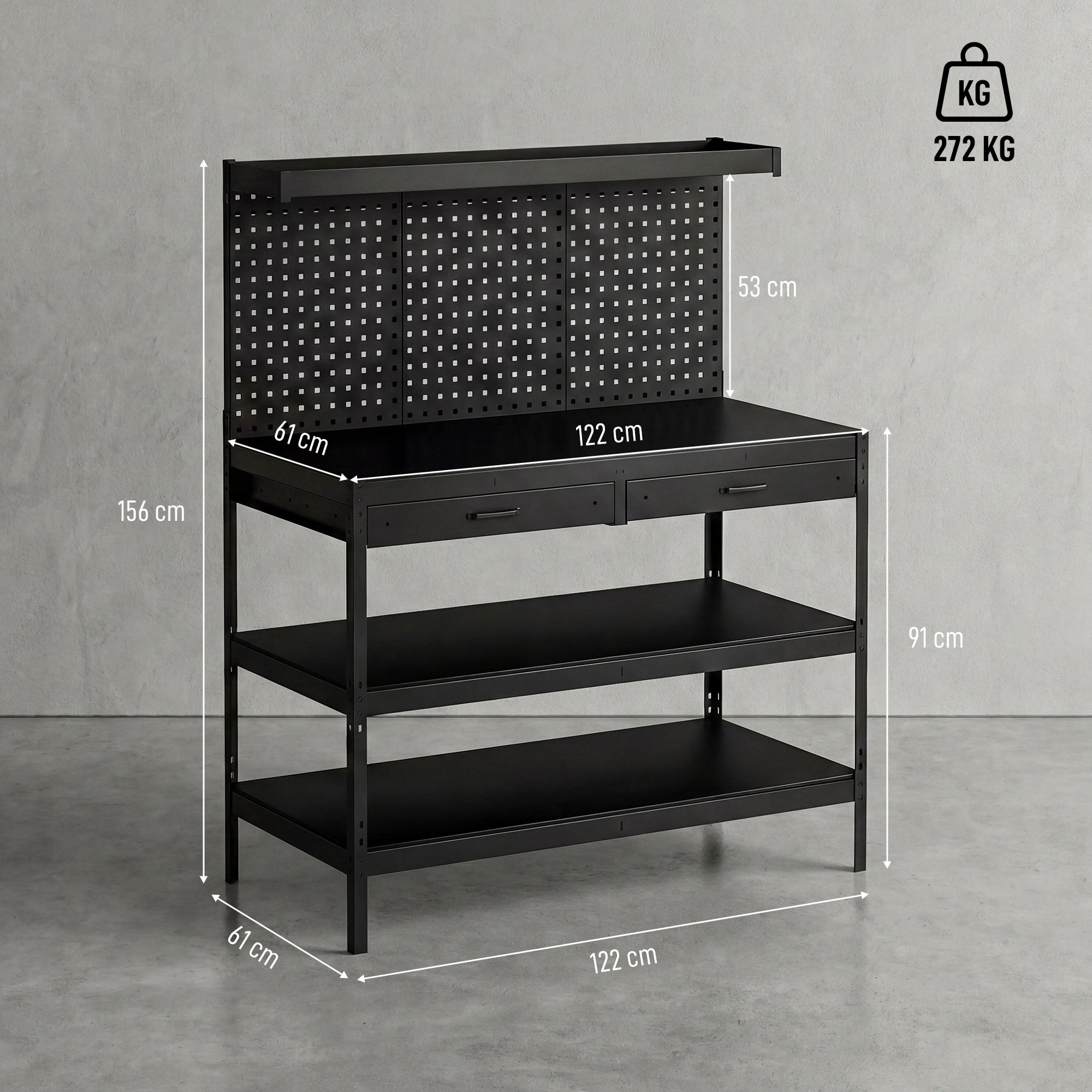 Workbench with Pegboard — Heavy-Duty Workstation with 2 Drawers & 2 Adjustable Shelves, 600 lb Capacity, 48 x 24 x 61.4 in (122 x 61 x 156 cm), Black