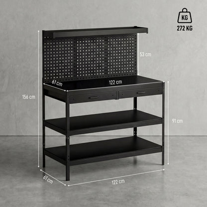 Workbench with Pegboard — Heavy-Duty Workstation with 2 Drawers & 2 Adjustable Shelves, 600 lb Capacity, 48 x 24 x 61.4 in (122 x 61 x 156 cm), Black