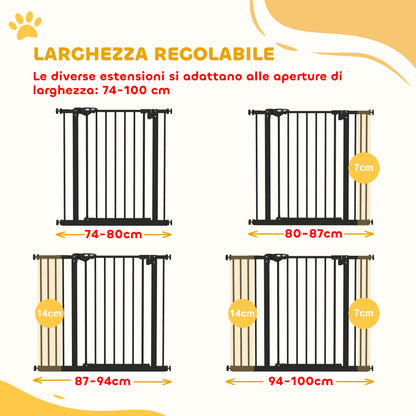 Dog and Pet Gate 2 Extensions Adjustable Width Up to 100 cm with Automatic Closure, Black