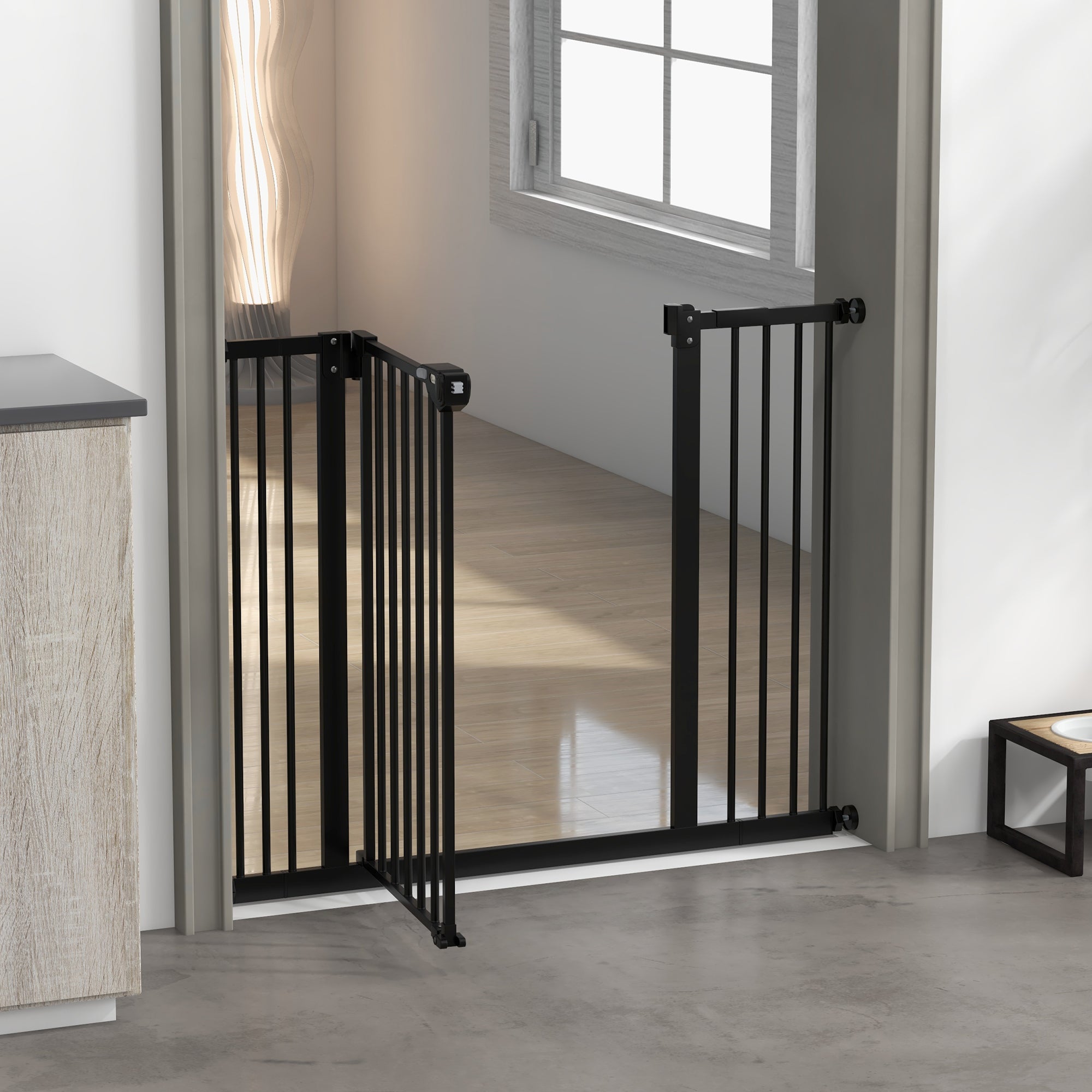 Dog and Pet Gate 2 Extensions Adjustable Width Up to 100 cm with Automatic Closure, Black