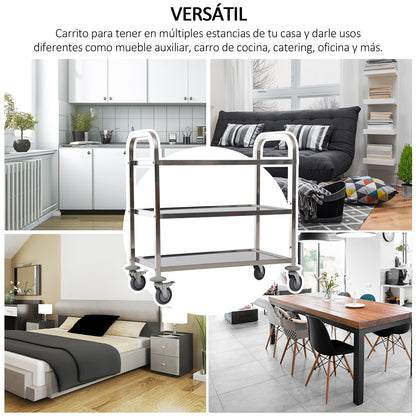 Stainless Steel Utility Cart with Wheels Kitchen Cart with Trays and 2 Arms for Dining Room Living Room 85x45x90 cm Silver