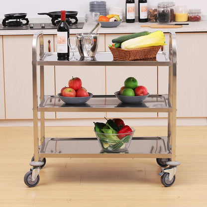 Stainless Steel Utility Cart with Wheels Kitchen Cart with Trays and 2 Arms for Dining Room Living Room 85x45x90 cm Silver