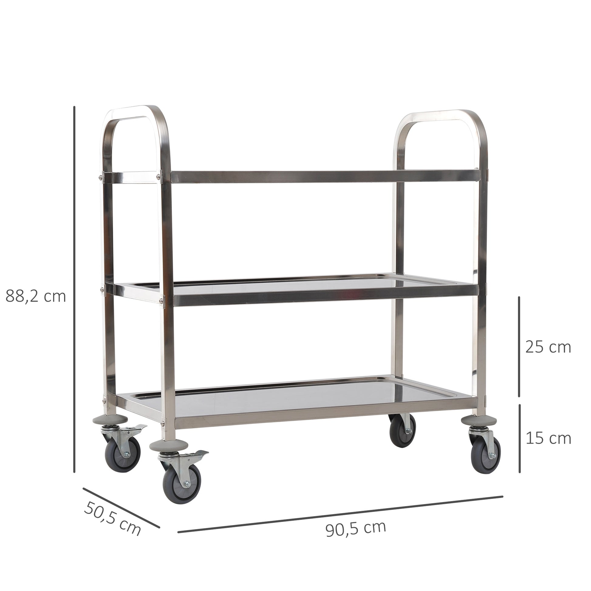 Stainless Steel Utility Cart with Wheels Kitchen Cart with Trays and 2 Arms for Dining Room Living Room 85x45x90 cm Silver