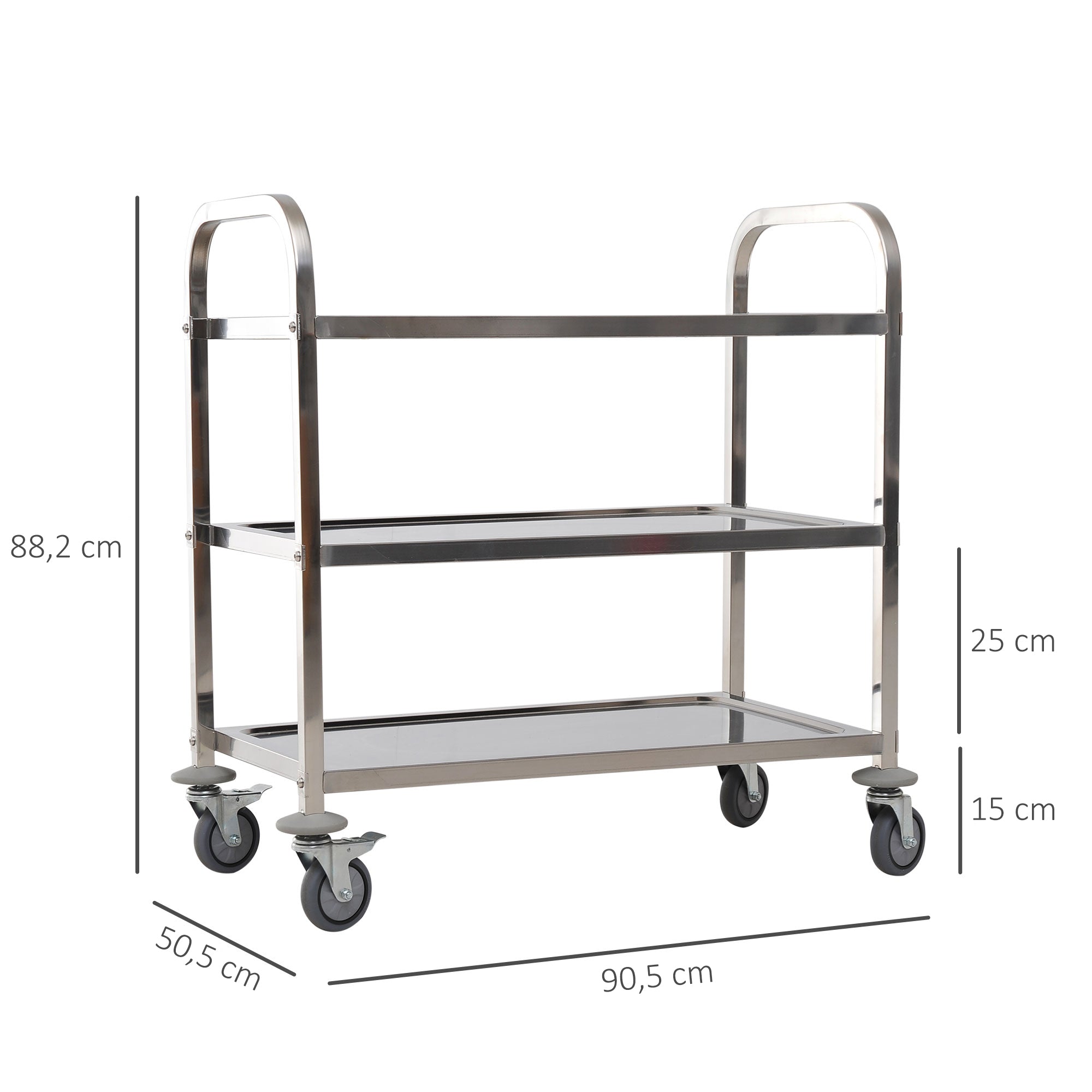 Stainless Steel Utility Cart with Wheels Kitchen Cart with Trays and 2 Arms for Dining Room Living Room 85x45x90 cm Silver