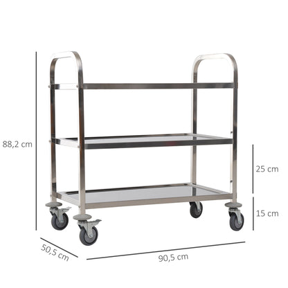 Stainless Steel Utility Cart with Wheels Kitchen Cart with Trays and 2 Arms for Dining Room Living Room 85x45x90 cm Silver