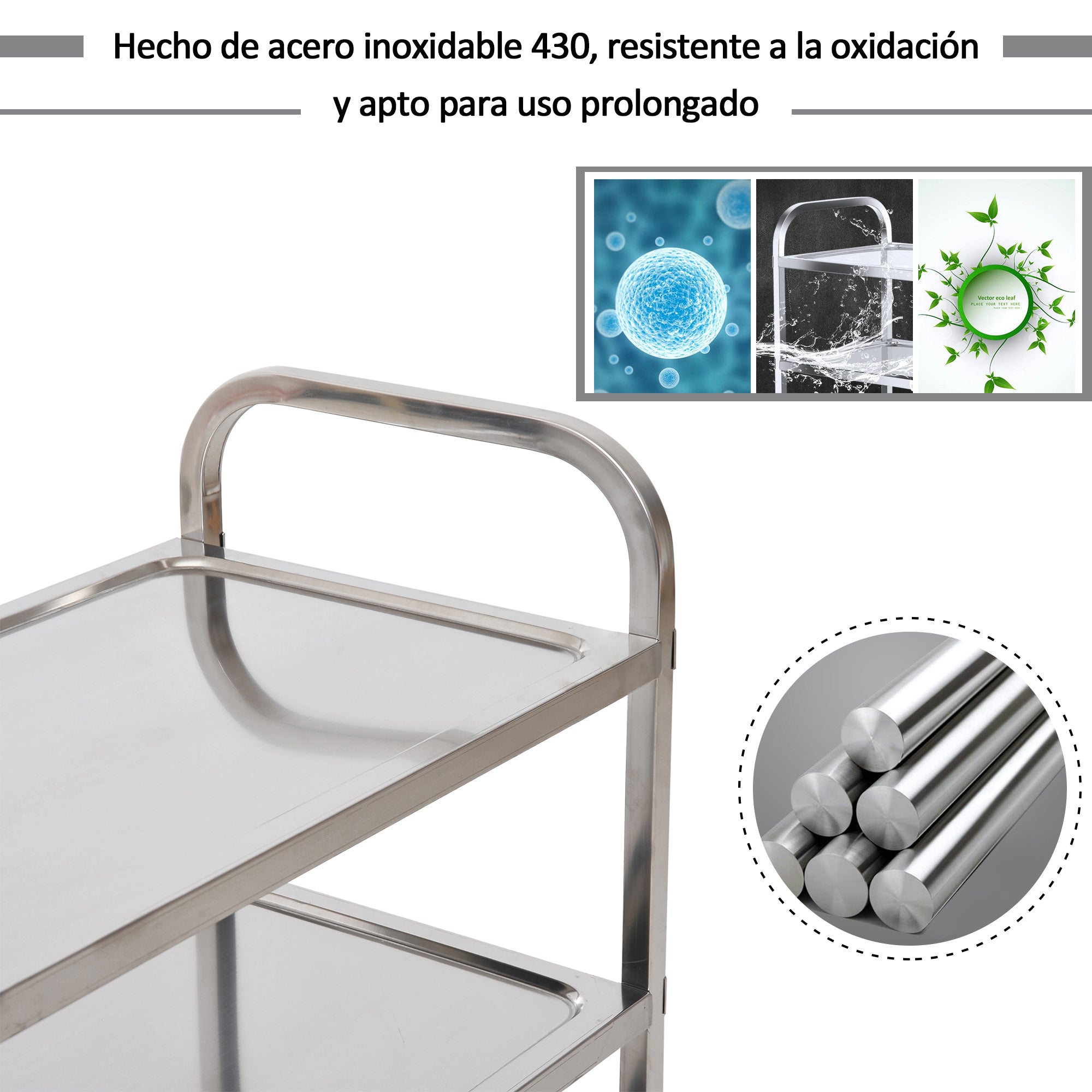 Stainless Steel Utility Cart with Wheels Kitchen Cart with Trays and 2 Arms for Dining Room Living Room 85x45x90 cm Silver