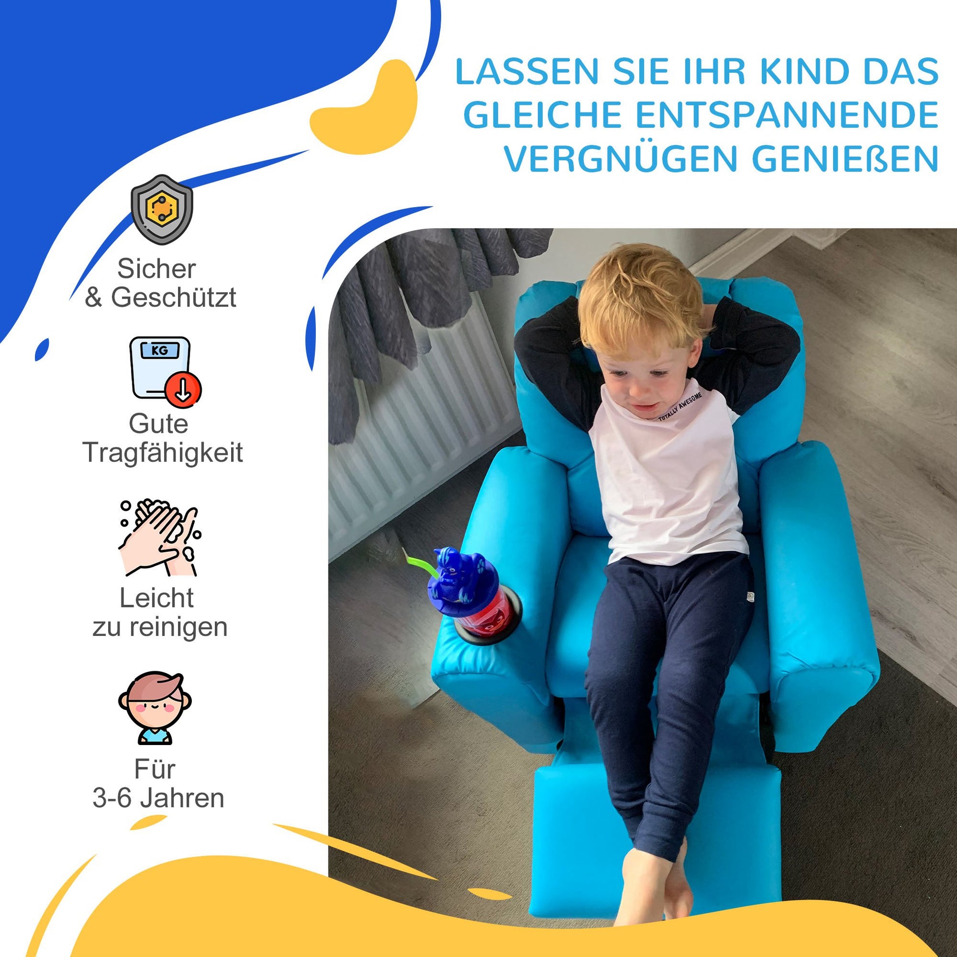 Children's Armchair, Mini Chair, Children's Sofa for 3-6 years old, Reclining Function, Built-In Cup Holder, Blue, 62 x 52 x 69 cm