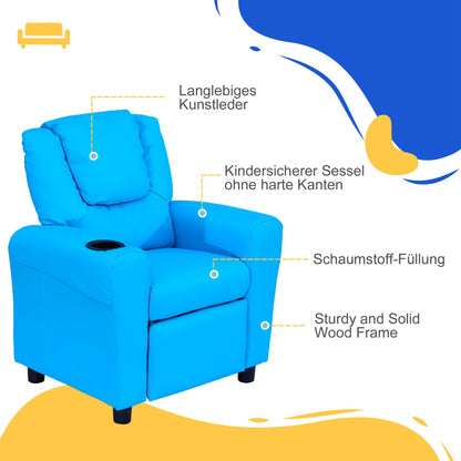 Children's Armchair, Mini Chair, Children's Sofa for 3-6 years old, Reclining Function, Built-In Cup Holder, Blue, 62 x 52 x 69 cm