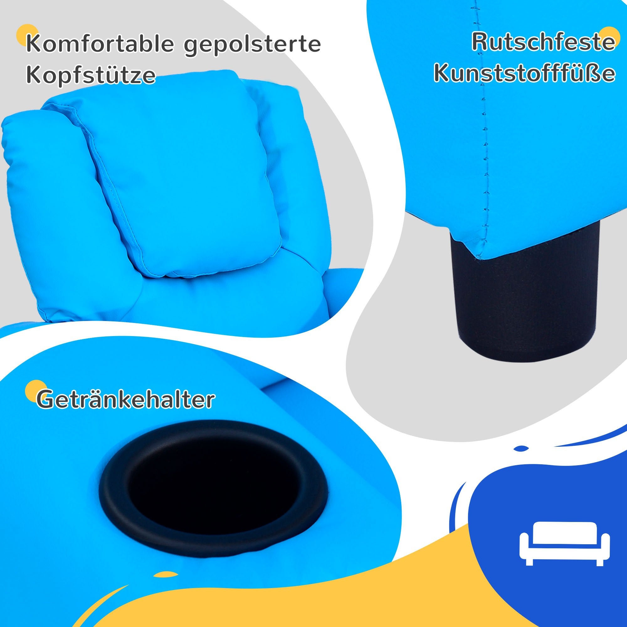 Children's Armchair, Mini Chair, Children's Sofa for 3-6 years old, Reclining Function, Built-In Cup Holder, Blue, 62 x 52 x 69 cm