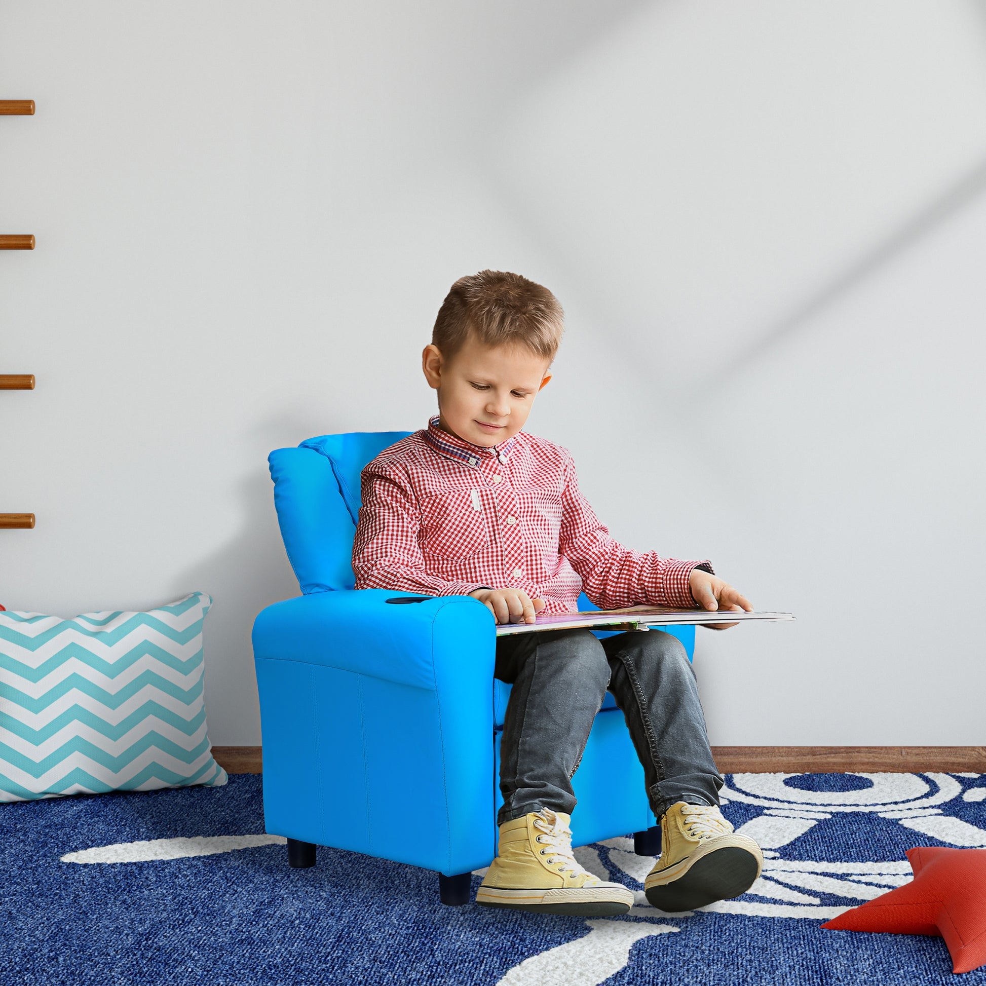 Children's Armchair, Mini Chair, Children's Sofa for 3-6 years old, Reclining Function, Built-In Cup Holder, Blue, 62 x 52 x 69 cm