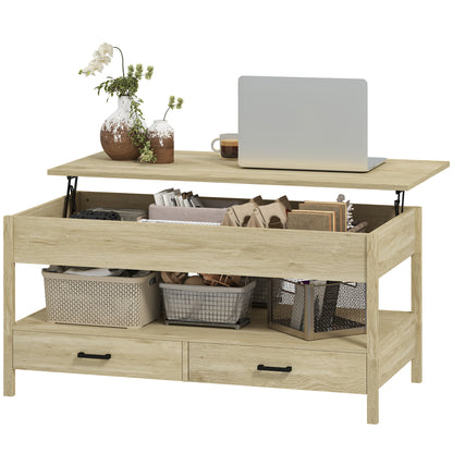 Lift-Top Coffee Table with Lift-Up Top, Hidden Storage Compartment, Drawers, and Open Shelf 100x50x48-62 cm Oak
